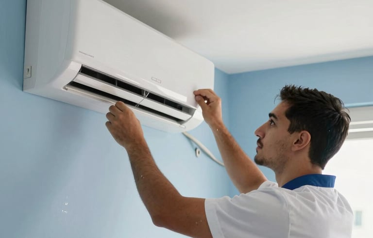 Professional South American technician in a clean uniform installing a modern white air conditioning unit on a light blue wall, bright and airy Brazilian apartment, natural lighting, soft blue and white tones with subtle ice crystals in the background air.