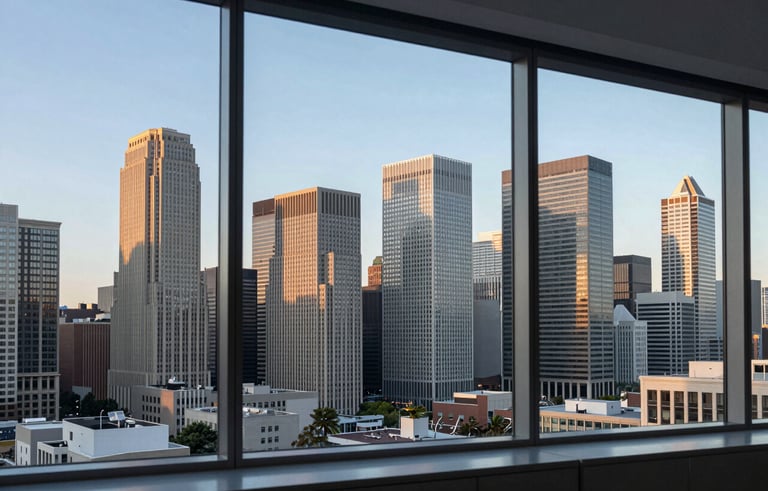 A wide photography shot of a modern North American city skyline through a clean glass window. Sharp focus on the architectural lines of the buildings during the golden hour. The image conveys growth and a premium professional environment. Colors include light blue and blue-grey.