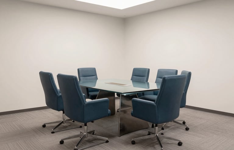 An interior shot of a sophisticated, modern North American conference room. A minimalist glass table and comfortable blue-grey designer chairs. The composition is clean and centered, emphasizing clarity and professionalism. Soft overhead lighting. Colors include dark teal and off-white.