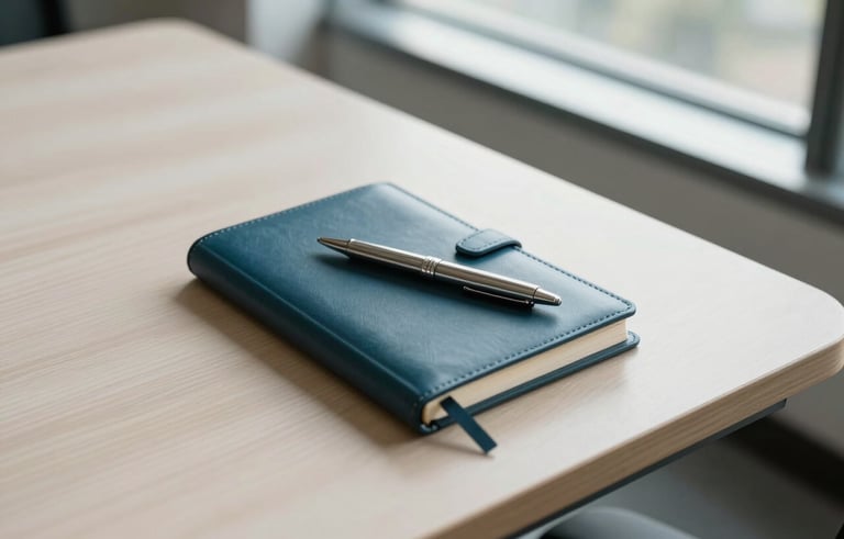 A professional, minimalist North American office setting. High-angle photography of a clean wooden desk with a leather notebook and a sleek silver pen. Soft natural morning light coming through a large window, creating a trustworthy and sophisticated atmosphere. Colors include off-white and dark teal.