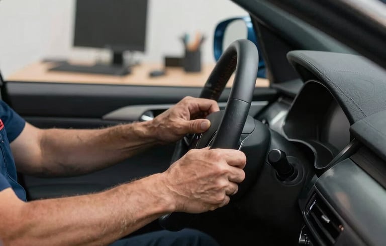 Close-up of a technician's hands detailing a vehicle's interior in a high-end North American residential garage. In the background, a neat desk area suggests professional IT capabilities. Modern, clean aesthetic with steel blue and dark gray accents.