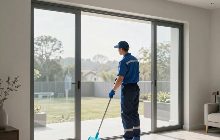 Wide shot of a modern North American living room where a professional cleaner in a neat uniform is polishing glass patio doors. Soft morning daylight illuminates a clean, minimalist interior. Style is architectural and crisp, using light gray and steel blue tones.