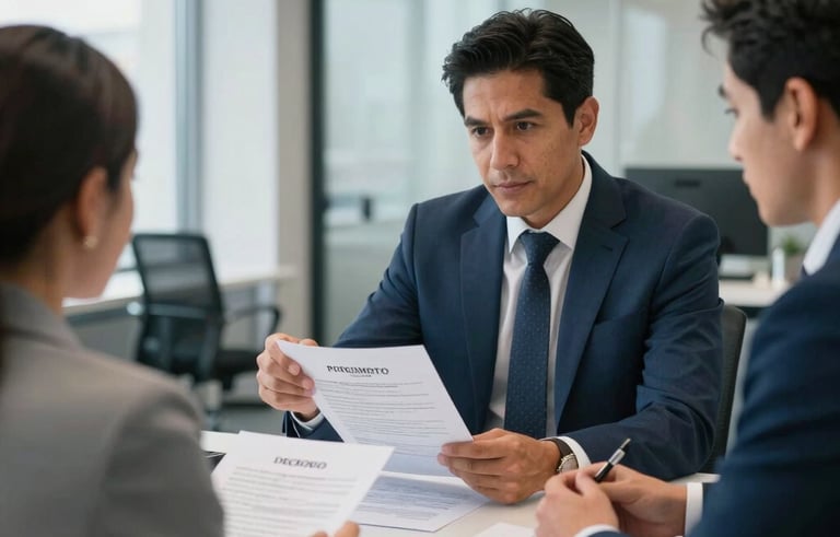 A wide photography shot of a professional business consultation in a North American / US Hispanic setting. A consultant is reviewing company formation papers with a client. The office is bright and professional with steel blue tones.