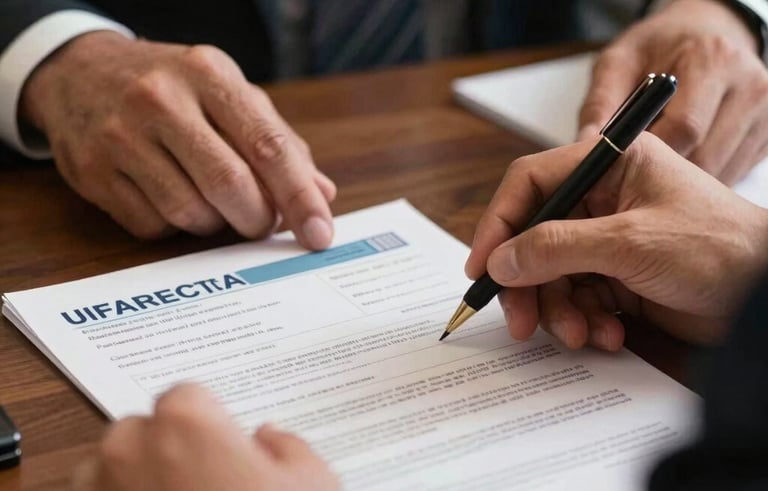 A close-up photography of professional hands in a North American / US Hispanic office setting, carefully organizing official immigration documents. The scene is lit with warm, empathetic light, conveying trust and clarity.
