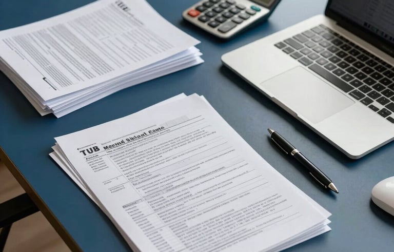 A clean, high-angle photograph of an organized desk in a North American / US Hispanic home office. Neatly stacked tax forms, a digital calculator, and a pen are arranged beside a laptop. Professional lighting, trustworthy atmosphere, with deep blue and off-white accents.