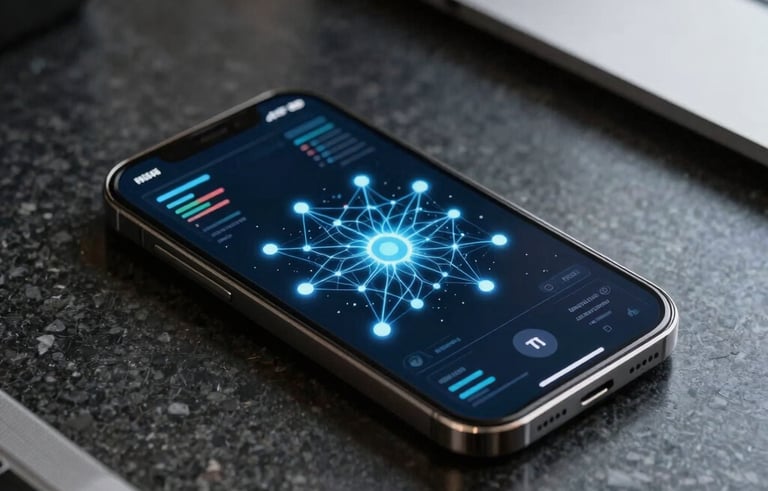 A high-end, minimalist close-up of a sleek smartphone screen displaying complex data streams and AI neural network patterns, set on a dark granite desk in a European corporate office. Lighting is futuristic with blue and soft white highlights.