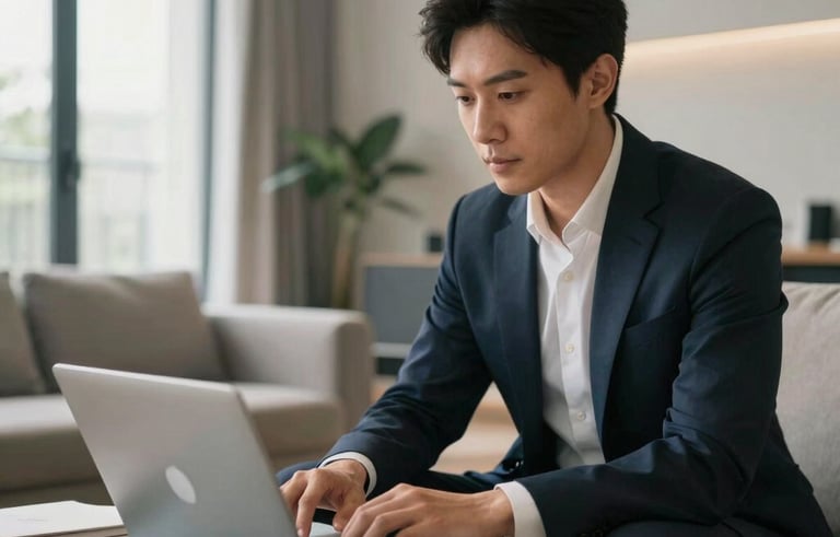 A sophisticated lifestyle photograph of a professional in a modern French apartment lounge, using a slim silver laptop. Soft daylight illuminates the minimalist space, emphasizing a feeling of freedom and financial success.