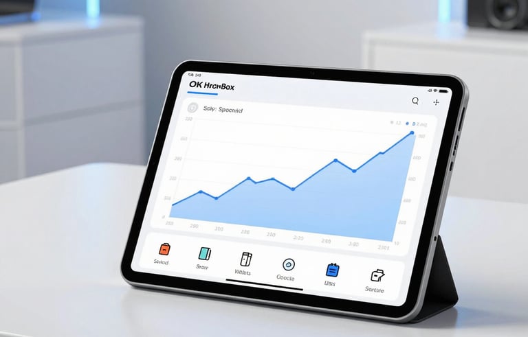 A clean, high-tech still life of a tablet showing a bright dashboard with upward trending sales charts and product icons. Set in a bright, modern European studio with minimalist white furniture and blue accent lighting.