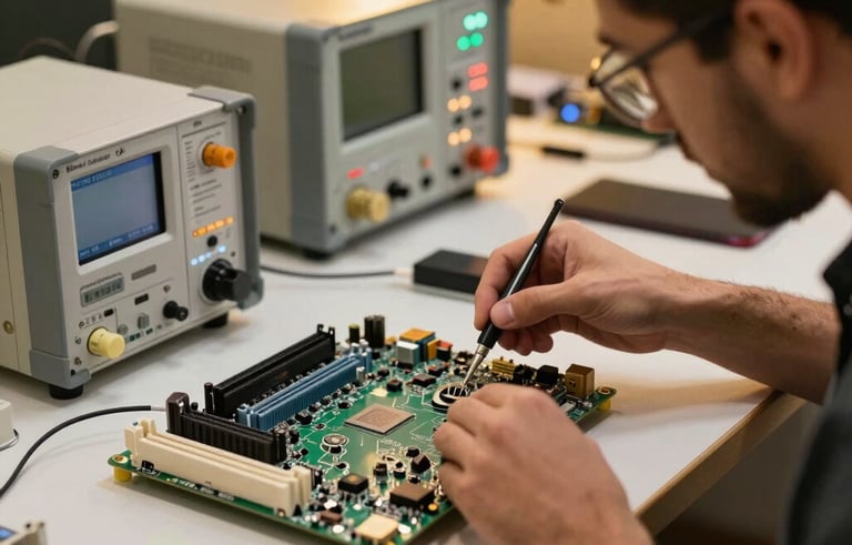 A focused shot of a television motherboard being serviced by a skilled technician. The setting is a technologically adept repair center in Dubai, with warm gold lighting accents and sophisticated electronic testing equipment.
