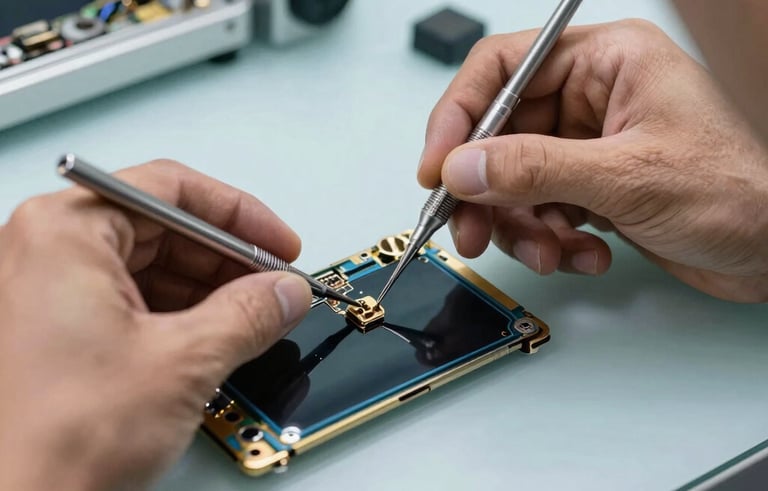 A close-up photograph of a technician's hands using precision tools to repair a high-end OLED screen. The workspace is professional and clean, with steel blue and mist tones. Located in a specialized repair lab in Dubai.
