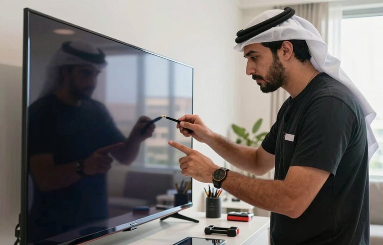A professional technician in a modern Middle Eastern / Gulf apartment in Al Nahda, Dubai, carefully inspecting a large LED TV. The lighting is bright and natural, reflecting a clean and efficient service environment with tools neatly placed nearby.