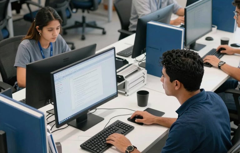 A high-angle shot of a collaborative South American Brazilian workspace with modern computers and ergonomic furniture. The scene is organized and efficient, with a clean aesthetic in shades of white and blue, conveying a high-quality service environment.