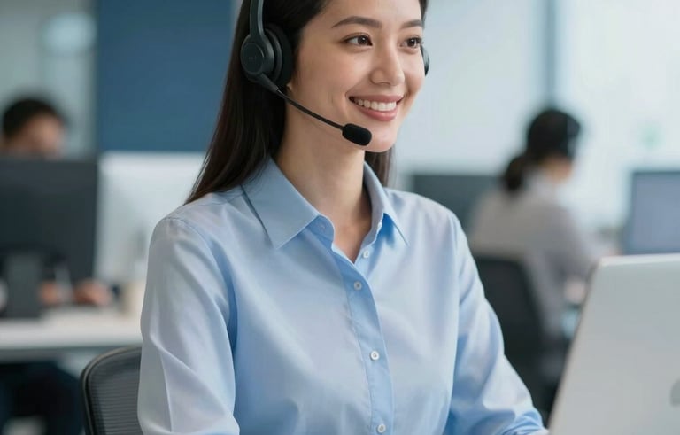 A professional South American Brazilian customer service representative wearing a sleek modern headset, smiling confidently while working at a clean, white desk in a brightly lit, modern office. The background is slightly blurred with soft blue tones of ice blue and navy.