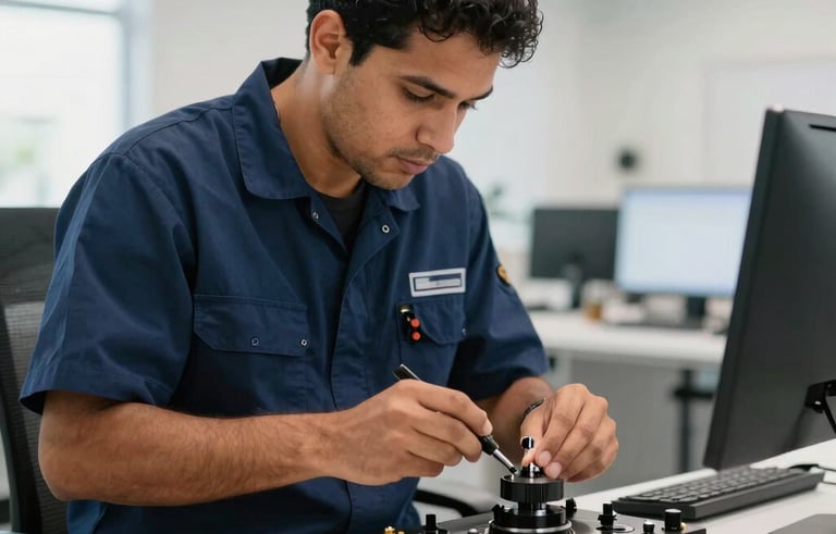 A professional South American Brazilian technician in a clean navy blue uniform carefully assembling technical equipment in a modern, bright office space. The lighting is natural and clear, emphasizing precision and professionalism.