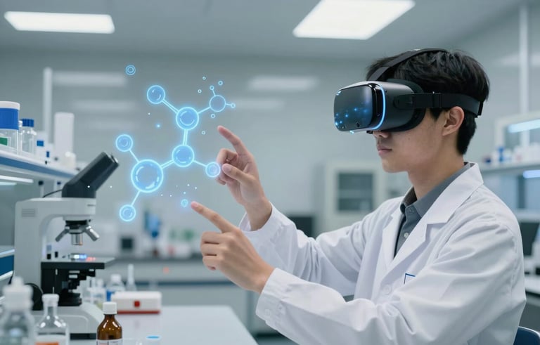 Photography of a modern university student in a sleek white lab coat wearing a futuristic VR headset, interacting with glowing blue and light blue digital chemical molecules suspended in mid-air. The background is a clean, glass-walled laboratory in a North American setting with professional, soft lighting.