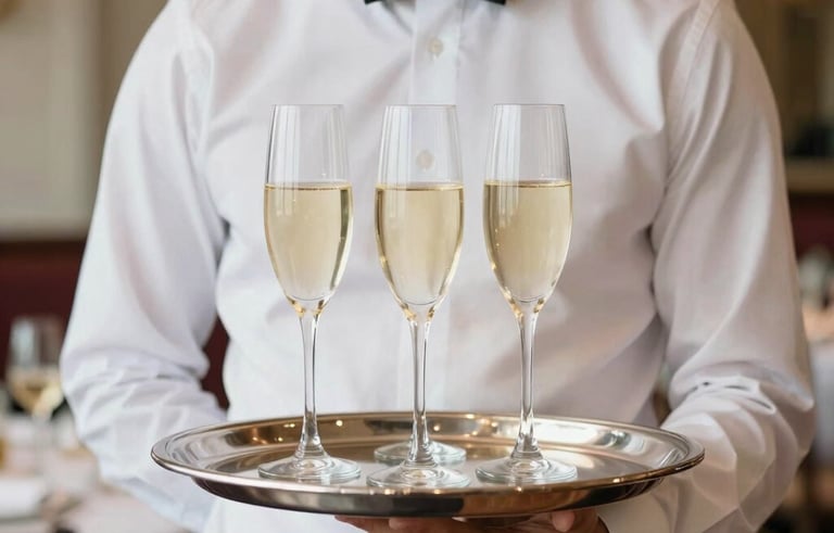 Editorial photography of a professional server in a crisp white shirt and black bow tie, holding a polished silver tray with champagne flutes in a high-end North American banquet hall with soft, elegant lighting.