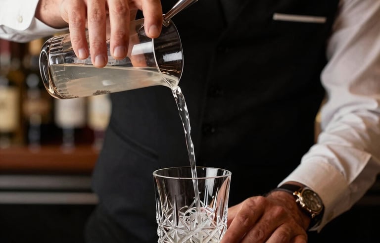 A close-up photograph of a professional mixologist's hands in a black vest pouring a clear cocktail into a crystal glass at a sophisticated, dark-wood bar in a luxury US venue.