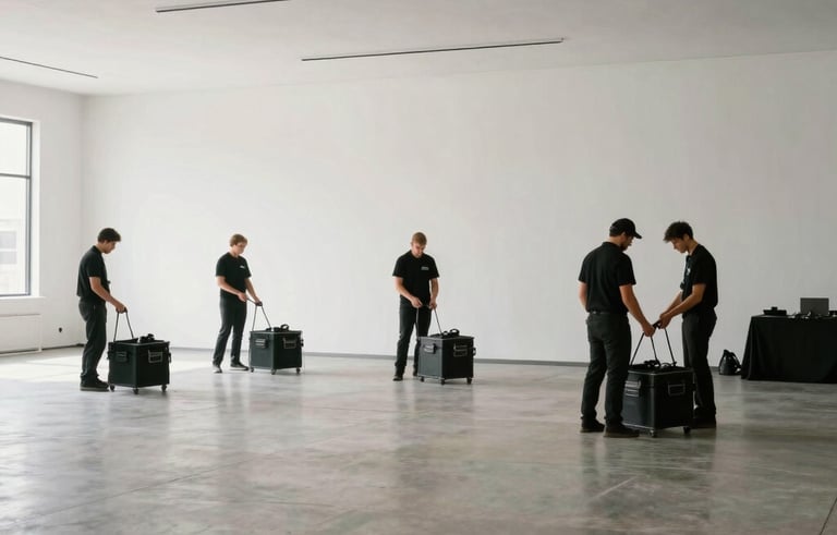 A wide shot of a clean, minimalist North American event space after a function, with professional breakdown crews in black uniforms neatly packing away equipment under soft white lighting.