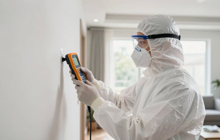 Professional mold inspector in a North American home, wearing white protective gear and a mask, using a digital moisture meter on a wall in a brightly lit modern living room, crisp architectural photography style.