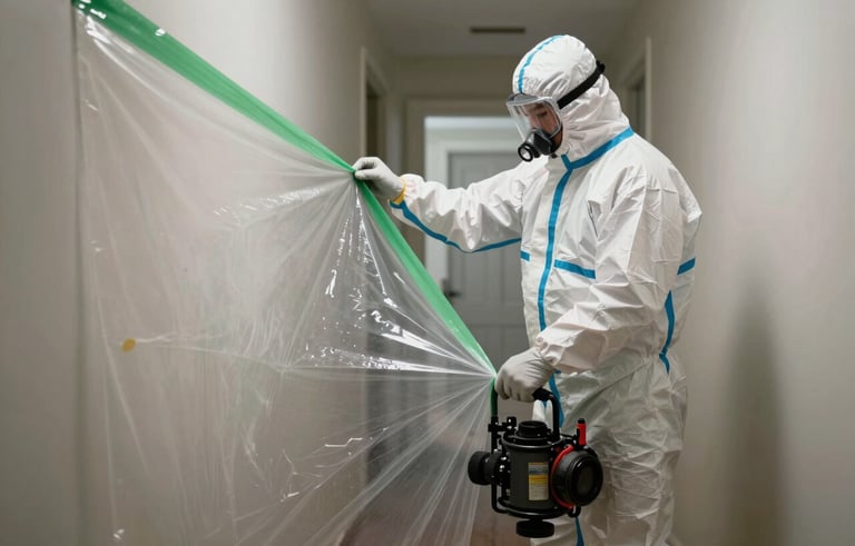 Mold remediation expert in a hazmat suit sealing off a North American residential hallway with professional grade plastic sheeting and green tape, industrial equipment visible.