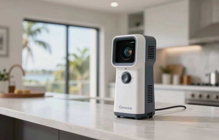 Close-up of a professional air quality testing device on a clean kitchen island, blurred Florida sunroom in the background, clean and clinical lighting, modern home interior.