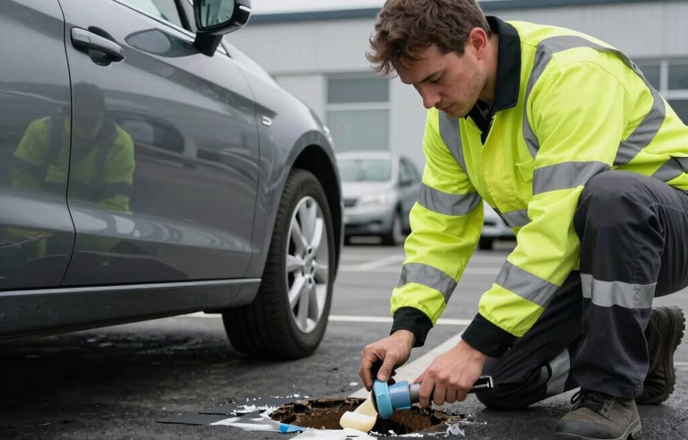 A professional repair technician in high-visibility safety attire applying cold-applied MMA resin to a small pothole in a slate-gray car park. The setting is a clean, modern facility in the UK during an overcast day with soft, even lighting.