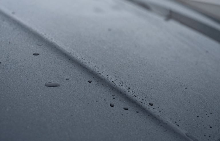 A macro, detailed photograph of a smooth, dark gray road surface in a Northern European setting. Water droplets are beading on the waterproof seal of a fresh repair.