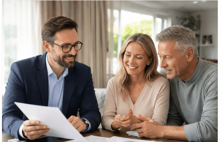 A financial advisor reviewing investment documents with a smiling middle-aged couple at home.