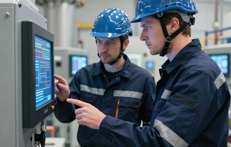 Two professional engineers with Scandinavian features, wearing dark blue technical gear and helmets, inspecting a digital terminal inside a modern energy station. The clean, high-tech environment features steel surfaces and electric blue lighting. Cinematic and sharp photography.