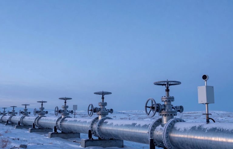 A wide shot of massive industrial gas pipelines covered in frost and snow across a desolate tundra in Northern Europe. The lighting is the cool blue of a polar twilight. High-tech sensors and polished steel reflect a soft electric blue light. Minimalist and professional composition.