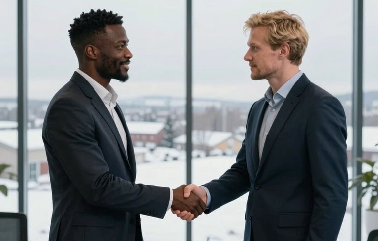 A medium shot in a minimalist glass-walled office overlooking a snowy Russian landscape. A man of African descent and a blonde man of Scandinavian descent are shaking hands firmly, symbolizing professional cooperation and diversity. Both wear smart-casual corporate attire. Sharp focus, professional atmosphere.