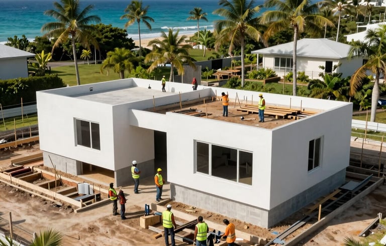 A high-angle professional photograph of a modern residential construction site in a lush Caribbean coastal setting. Workers in safety vests are coordinating on a clean foundation under the bright Jamaican sun. The architecture features clean lines and large window openings, with a background of turquoise sea and palm trees.