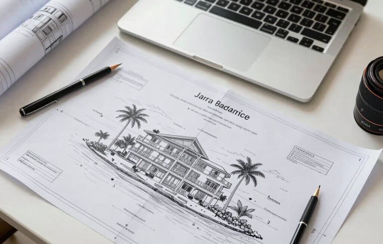 A flat lay photography of a professional architect's workspace. Detailed blueprints and architectural drawings for a Jamaican beach property are spread on a white desk next to a sleek laptop and drafting tools. Soft morning light creates a professional and sophisticated atmosphere.