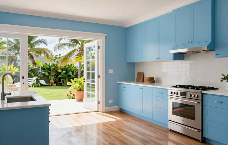 A wide-angle shot of a luxurious interior renovation in a Jamaican villa. The space features fresh light blue and white paint, polished wood floors, and modern fixtures. Large windows overlook a tropical garden, emphasizing a clean and sophisticated finished look.