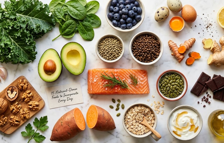 Flat lay of 15 nutrient-dense foods including fresh salmon, kale, avocado, and blueberries on a marble surface.