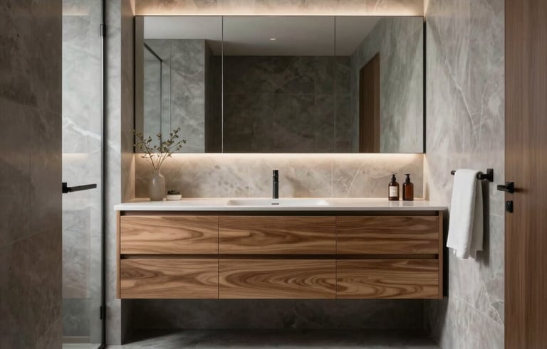 Salle de bain moderne et épurée récemment rénovée en Moselle, Northeastern France / Grand Est. Carrelage grand format gris ardoise, meuble vasque minimaliste en bois et finitions cuivre. Ambiance zen, lumineuse et haut de gamme, montrant le savoir-faire d'artisan en finitions visibles.