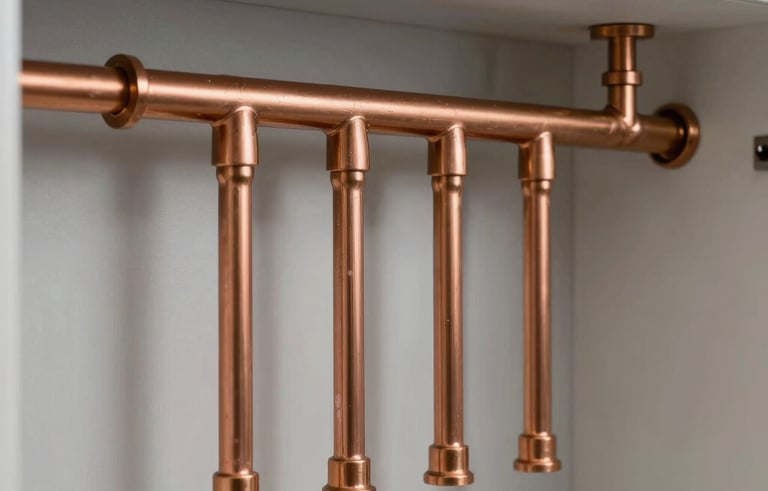 Photographie professionnelle d'une installation technique propre de plomberie en cuivre dans une maison moderne de la région Grand Est. Les tuyaux sont parfaitement alignés sur un mur gris clair, illustrant la précision technique de l'artisan. Éclairage naturel et netteté exceptionnelle, style épuré et sérieux.