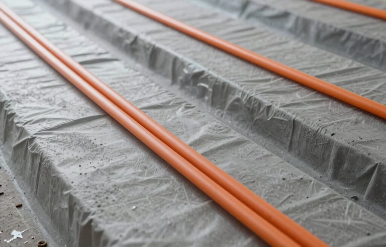 Installation d'un système de plancher chauffant hydraulique dans une maison neuve à Nancy, Northeastern France / Grand Est. Les tubes orange sont disposés avec précision sur un isolant gris, photo prise en grand angle montrant la rigueur technique avant la dalle.