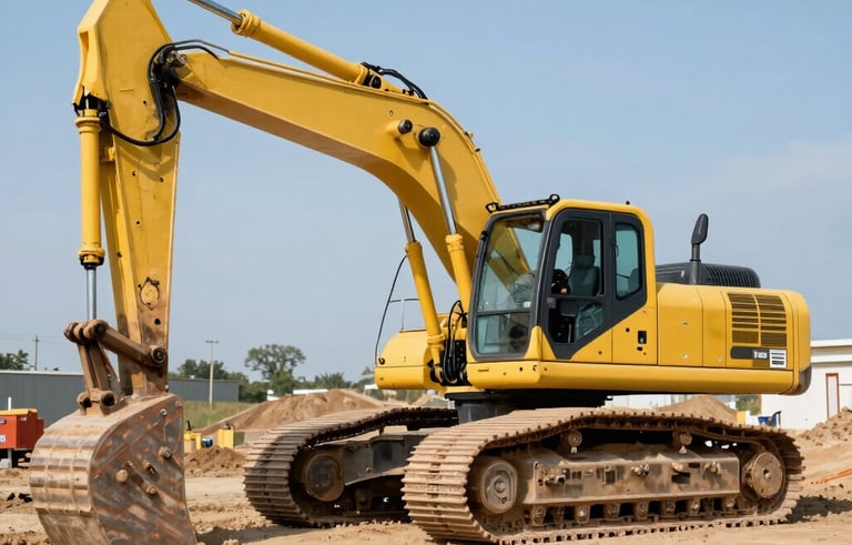 A high-resolution photograph of a heavy yellow crawler excavator parked on a graded dirt construction site in North America. Crisp daylight, clear steel blue sky, and professional industrial photography.