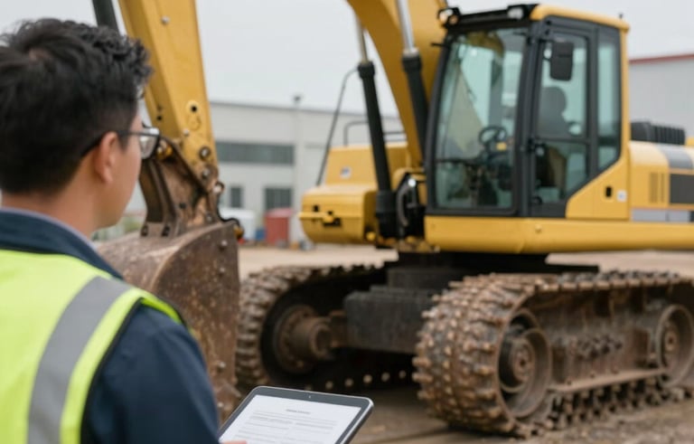 A professional photograph of a consultant holding a tablet while discussing heavy equipment strategy with a client at a North American industrial yard.