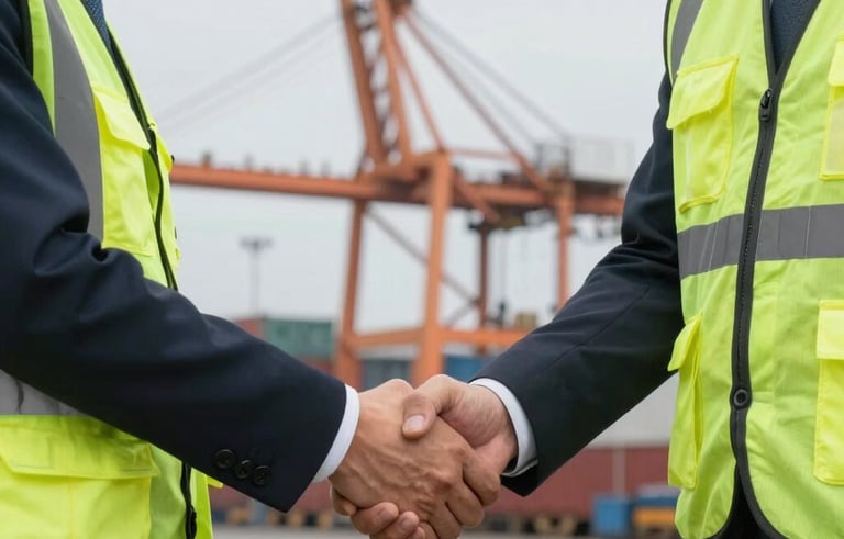 A professional close-up of two business professionals in high-visibility vests shaking hands at a North American shipping yard with a large crane in background.