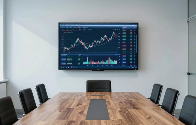 A wide-angle professional photograph of a minimalist conference room with a large wooden table in a Spanish business district. A digital screen shows complex financial data. Strategic and empowering atmosphere with bright, soft shadows and light blue tones.