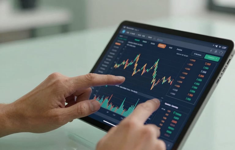 A macro photograph focusing on professional hands interacting with a high-resolution tablet displaying a modern financial dashboard. The background is a soft-focus minimalist office in the Iberian Peninsula. Clean lighting with sage green and dark blue accents.