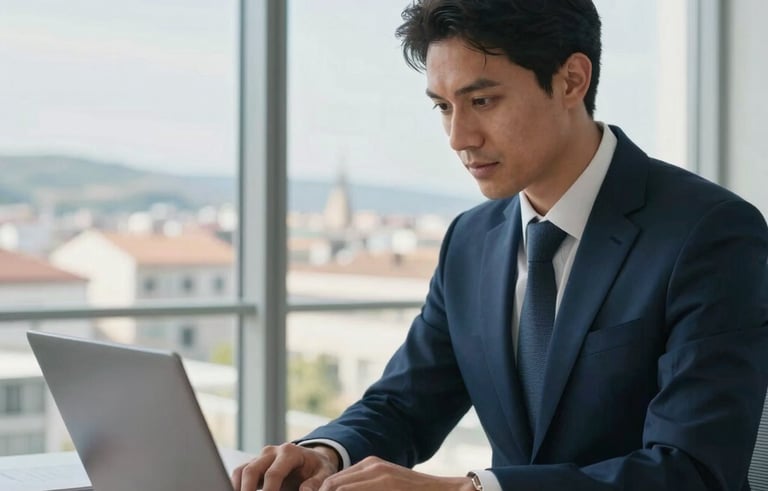 A sharp, clean photography of a professional financial consultant working on a laptop in a bright, modern corporate office with large windows overlooking a city in the Iberian Peninsula. The atmosphere is professional and secure, using a palette of dark blue and pale blue. Natural daylight lighting.