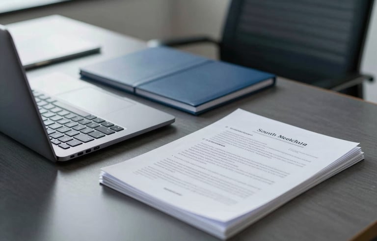 Professional South American office environment with a focus on a high-end, organized desk. A sleek laptop and neatly arranged property documents are visible. The lighting is bright and professional, incorporating brand colors of dark blue and light gray. The vibe is modern and efficient.