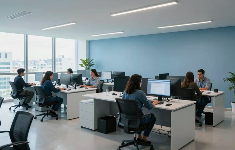 Wide shot of a modern Brazilian architectural office interior with minimalist furniture. South American professionals are collaborating on high-end computers under soft, natural daylight. The scene reflects corporate efficiency and professionalism, using a palette of light blue and medium blue.