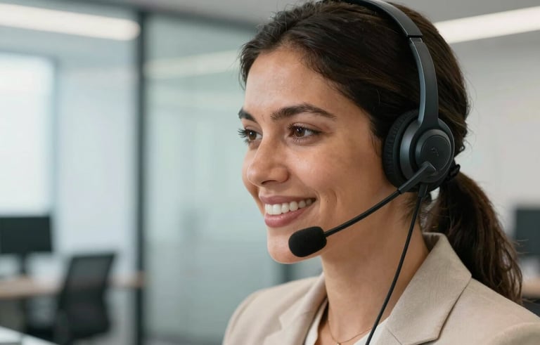 Close-up of a smiling South American professional woman wearing a modern headset in a bright, airy office. The background features blurred glass partitions. She looks efficient and focused, conveying high-quality customer service. Lighting is clean and professional.