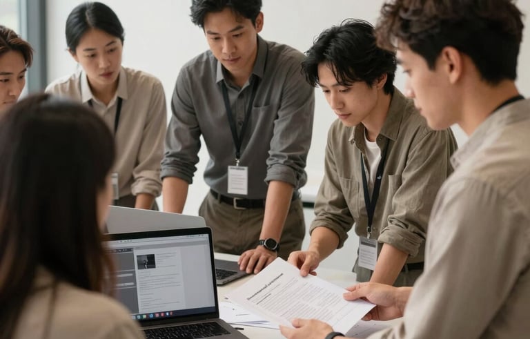 A behind-the-scenes moment in a creative North American / US agency. A group of professionals is gathered around a table with a laptop and printed briefs, planning a digital media placement campaign. The lighting is soft and natural, emphasizing a professional yet innovative atmosphere. Neutral colors like taupe and sand dominate the scene.