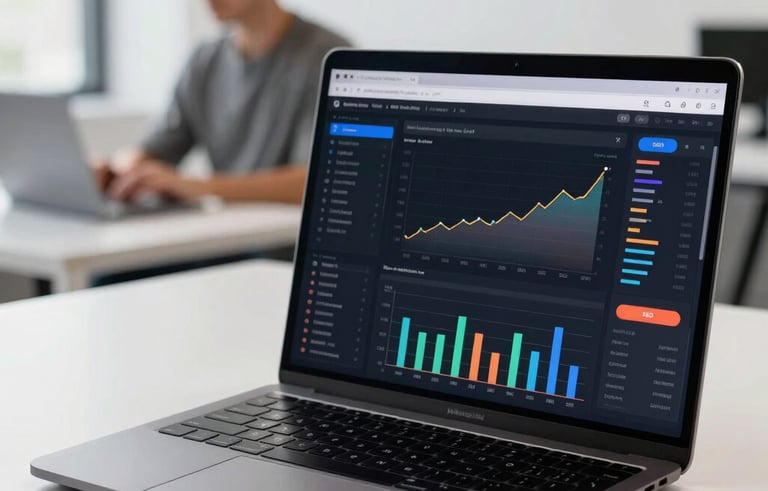 A professional, minimalist North American / US office setting. Close-up on a high-end laptop screen displaying colorful SEO analytics and growth charts. In the blurred background, a focused team member works in an uncluttered, bright environment. The style is modern and creative, featuring matte black and white surfaces.
