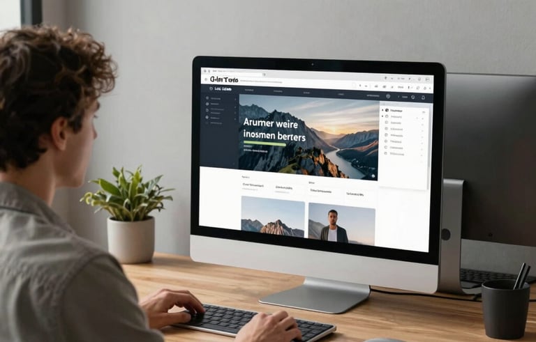 A clean, minimal North American / US digital agency workspace with natural lighting. Two professionals are collaborating on a sleek workstation, focusing on a website design layout displayed on a large high-resolution monitor. The aesthetic is sophisticated and calm, with warm wood accents and light grey tones.